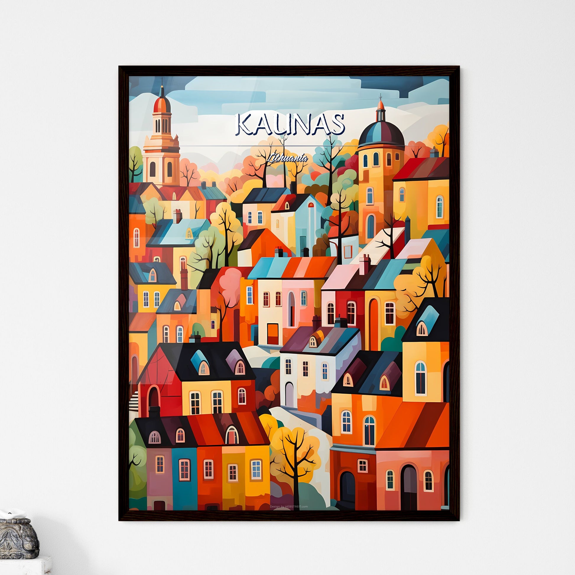 Kaunas, Lithuania - Art print of a painting of a colorful town Framed Art