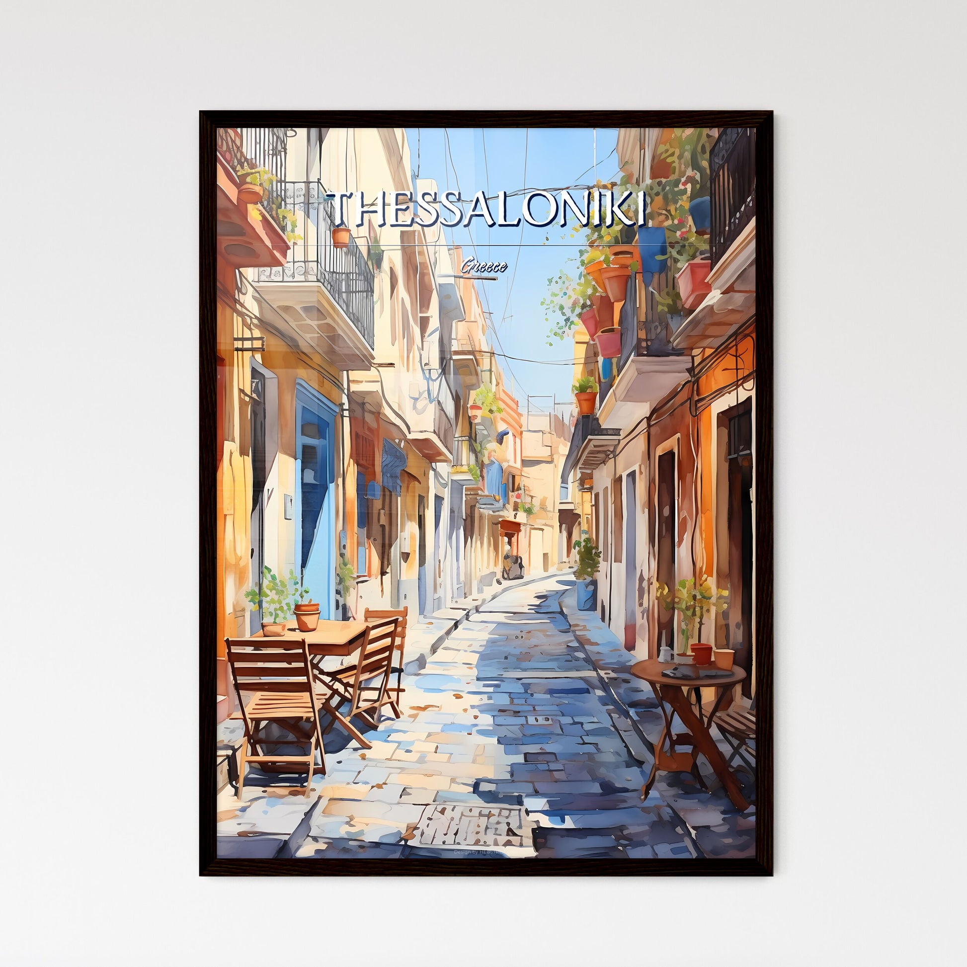 Thessaloniki, Greece - Art print of a street with tables and chairs and plants on the side Framed Art