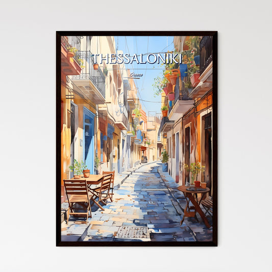 Thessaloniki, Greece - Art print of a street with tables and chairs and plants on the side Framed Art