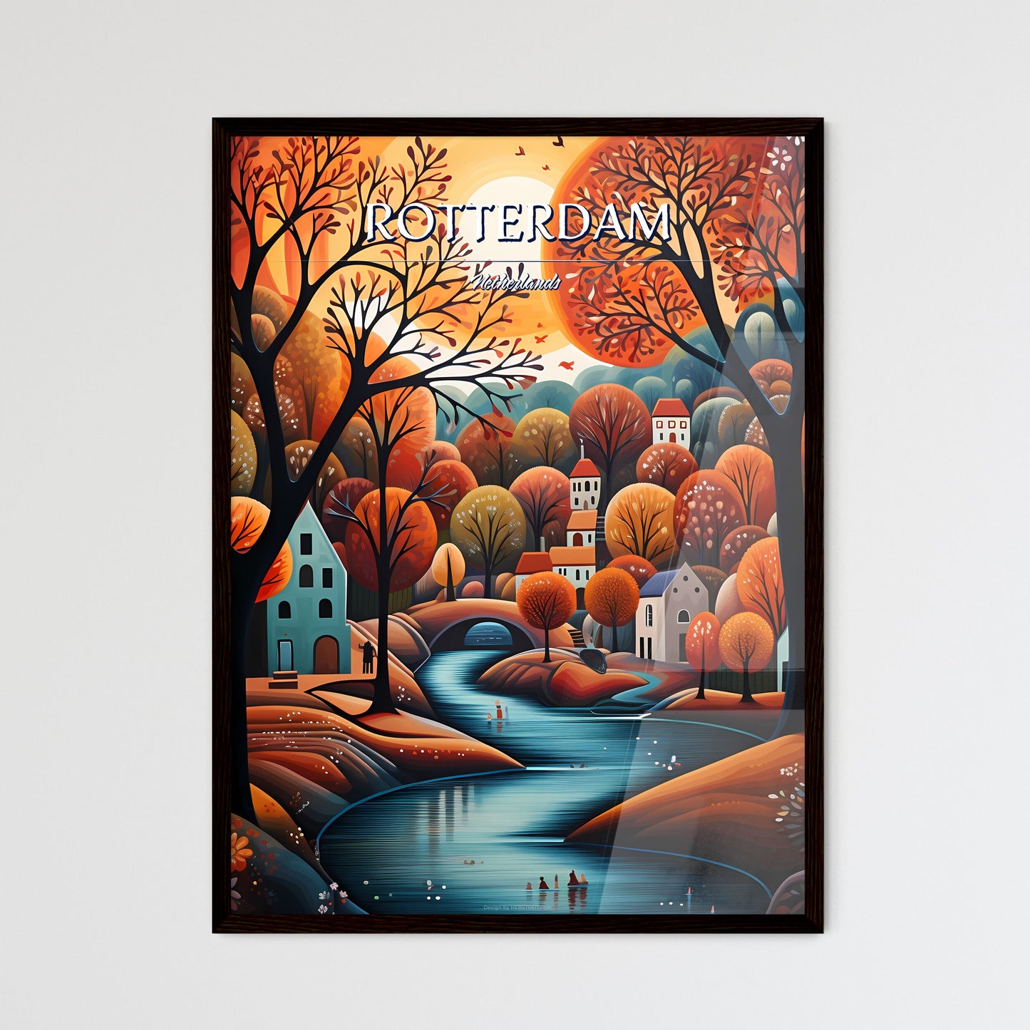 Rotterdam, Netherlands - Art print of a painting of a river running through a village Framed Art