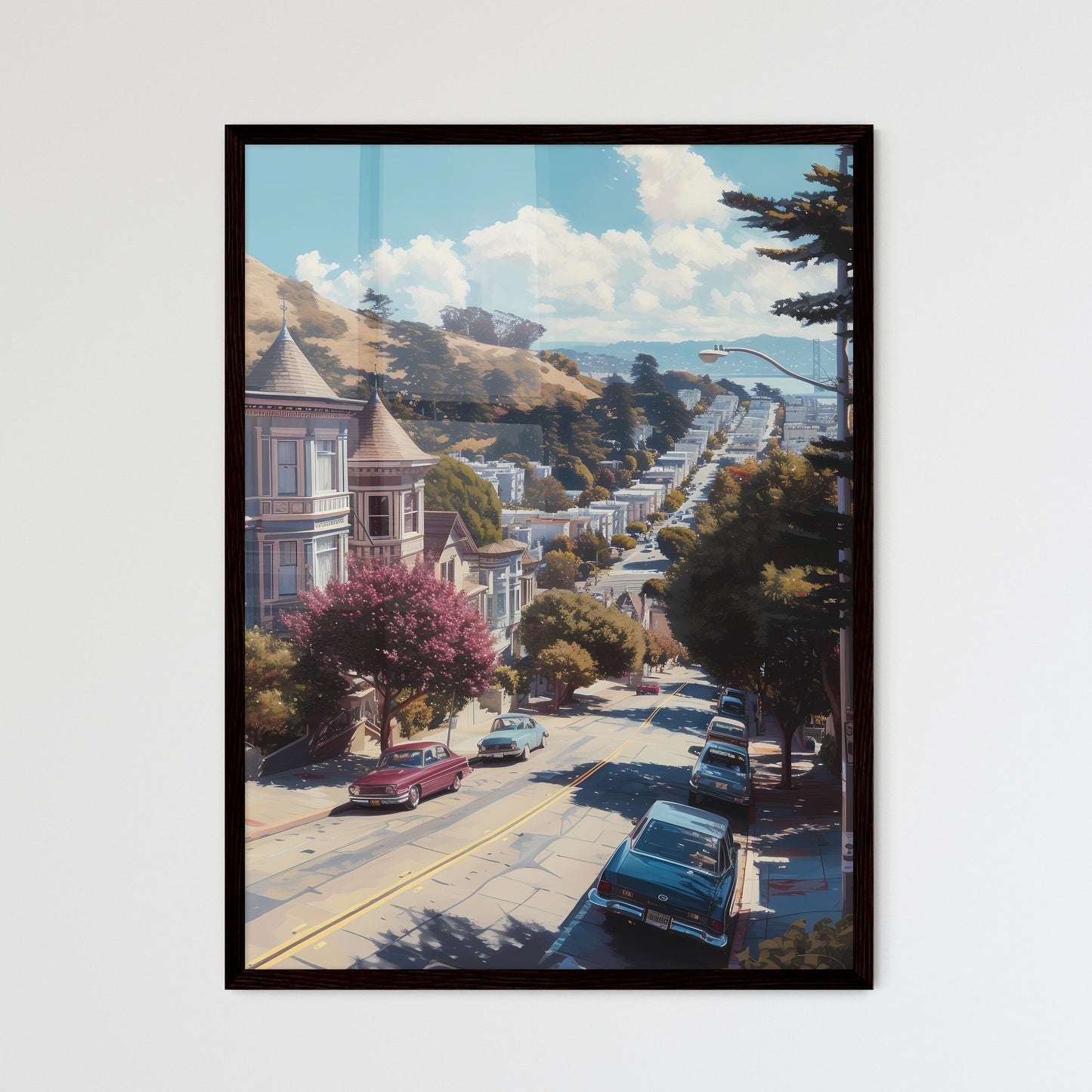 Poster of San Francisco - Art print of a street with cars and buildings on the side Framed Art