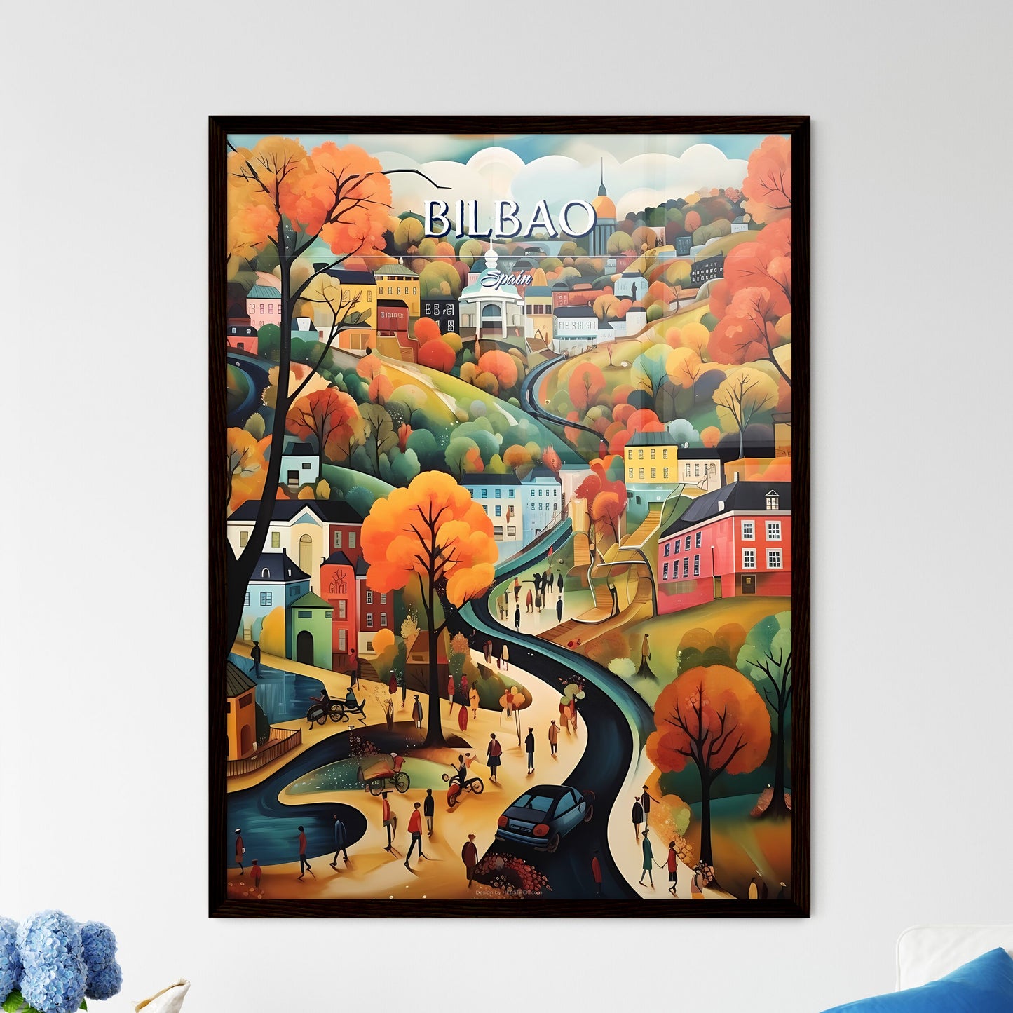 Bilbao, Spain - Art print of a painting of a town with a river and trees Framed Art