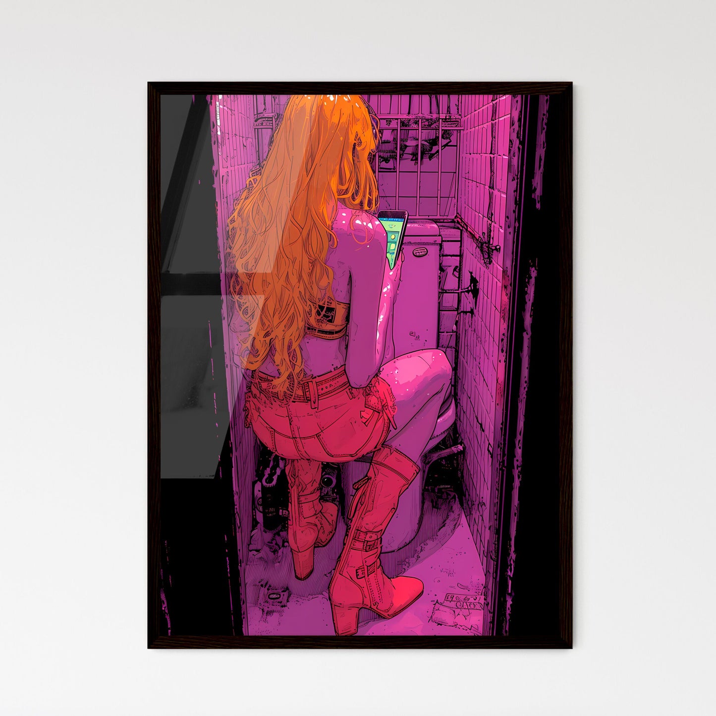 Woman sits on toilet and looks at her phone  - Framed Art Print