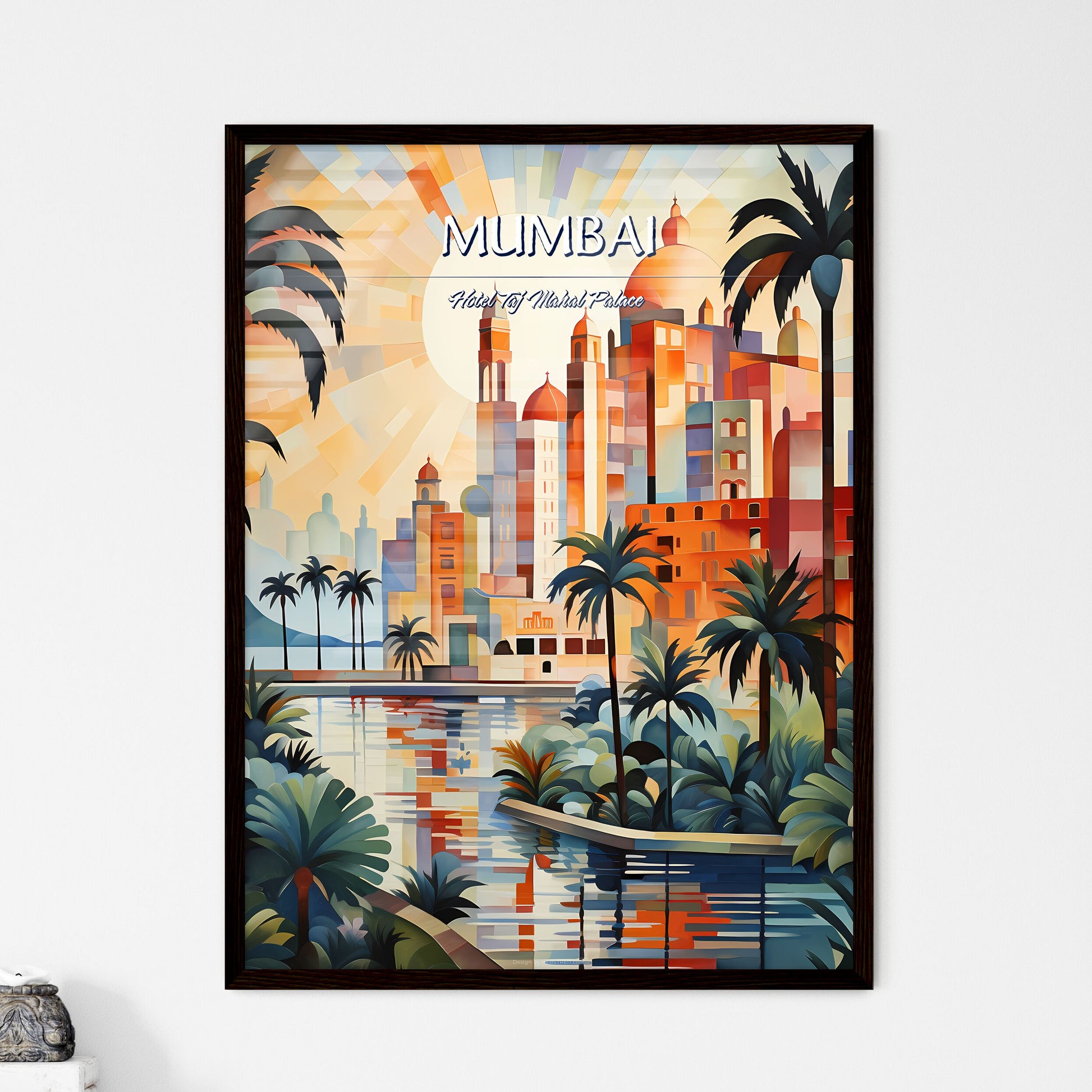 Mumbai, Hotel Taj Mahal Palace - Art print of a painting of a city with palm trees and a river Framed Art