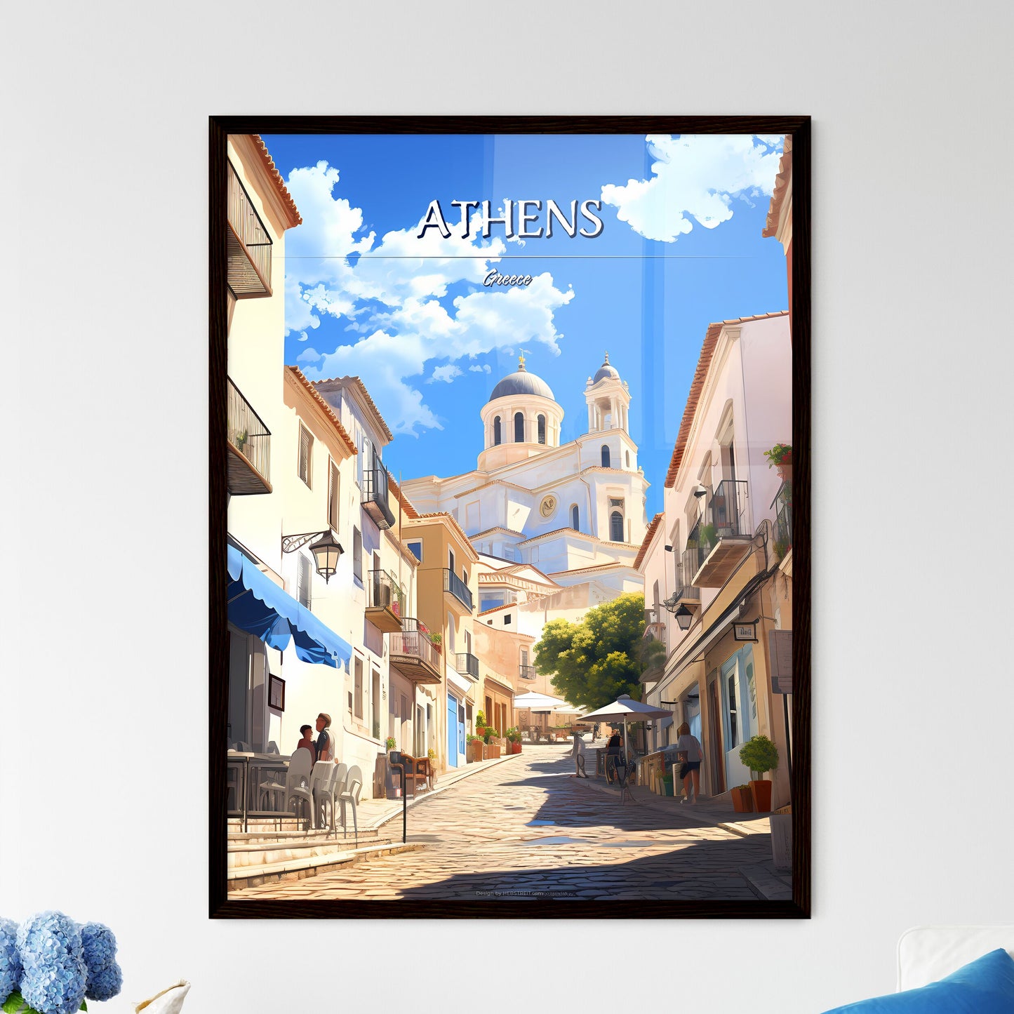 Athens, Greece - Art print of a street with people and buildings Framed Art