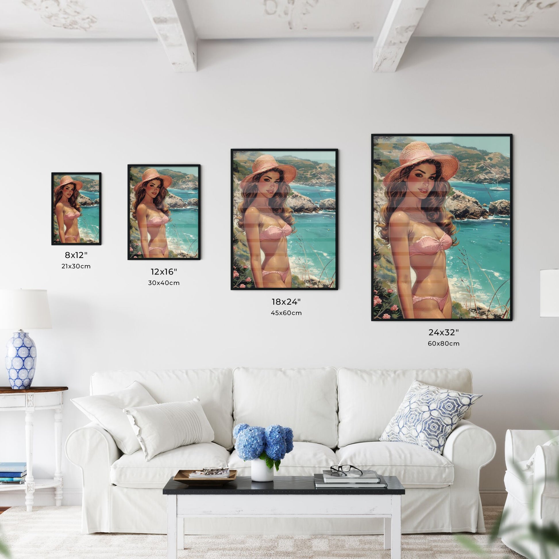 Sea Print, Coastal Painting - Art print of a woman in a garment and hat standing on a beach Default Title