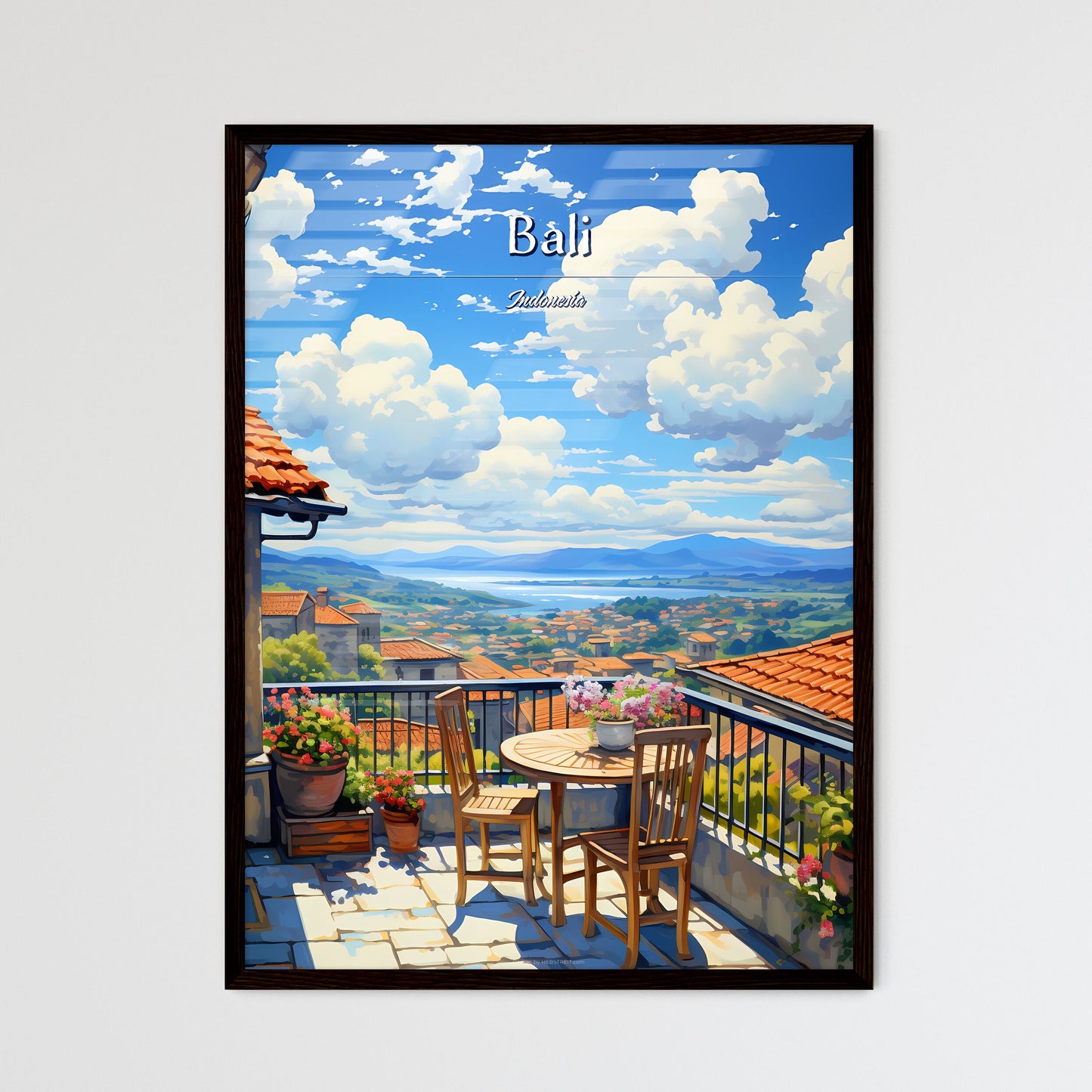 On the roofs of Bali, Indonesia - Art print of a table and chairs on a balcony overlooking a valley Framed Art