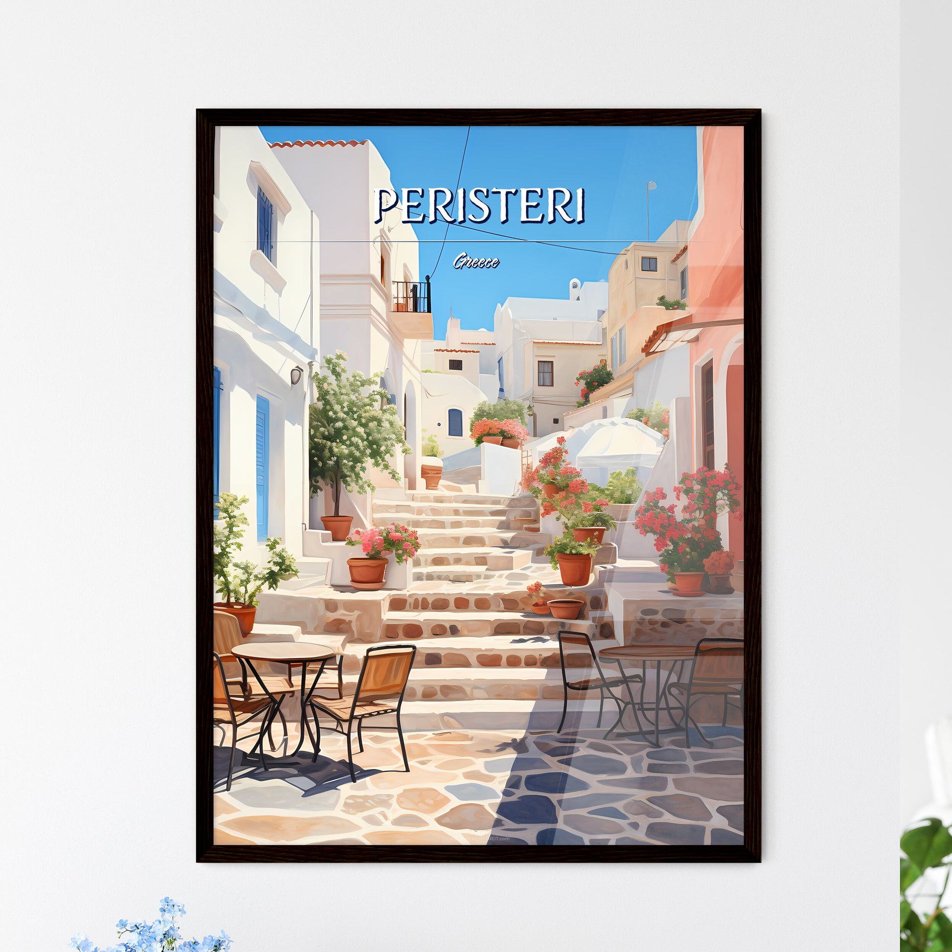 Peristeri, Greece - Art print of a set of stairs with tables and chairs in front of a building Framed Art
