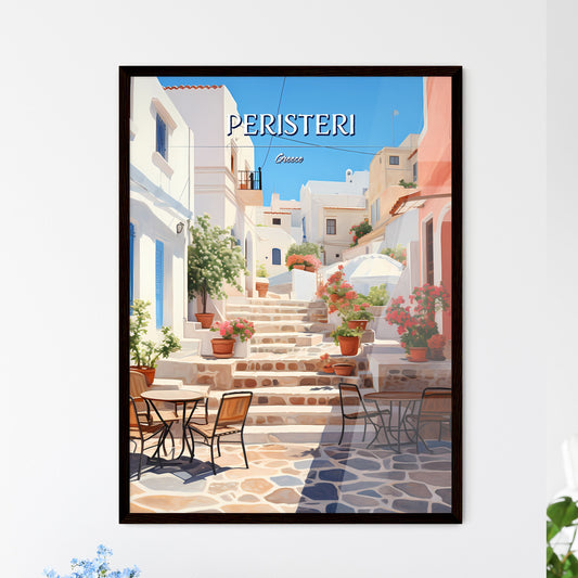 Peristeri, Greece - Art print of a set of stairs with tables and chairs in front of a building Default Title