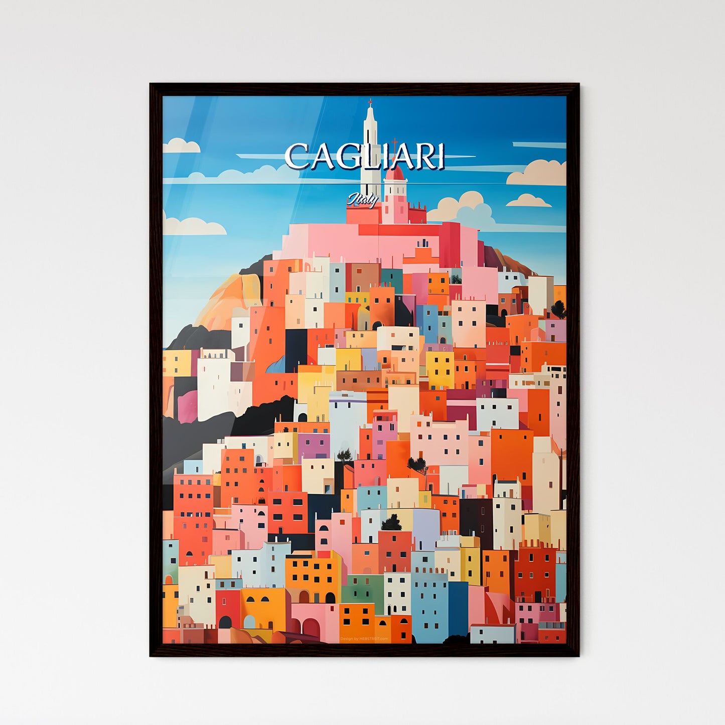Cagliari, Italy - Art print of a painting of a city on a hill Framed Art