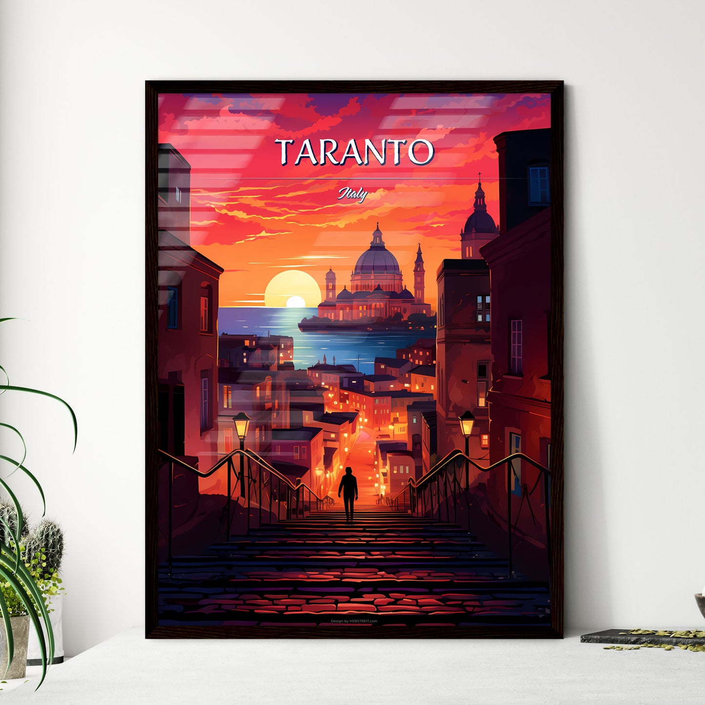 Taranto, Italy - Art print of a person walking up stairs in a city Framed Art