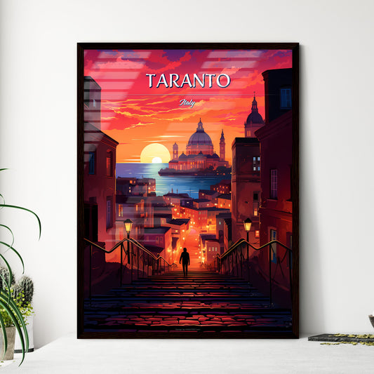 Taranto, Italy - Art print of a person walking up stairs in a city Framed Art