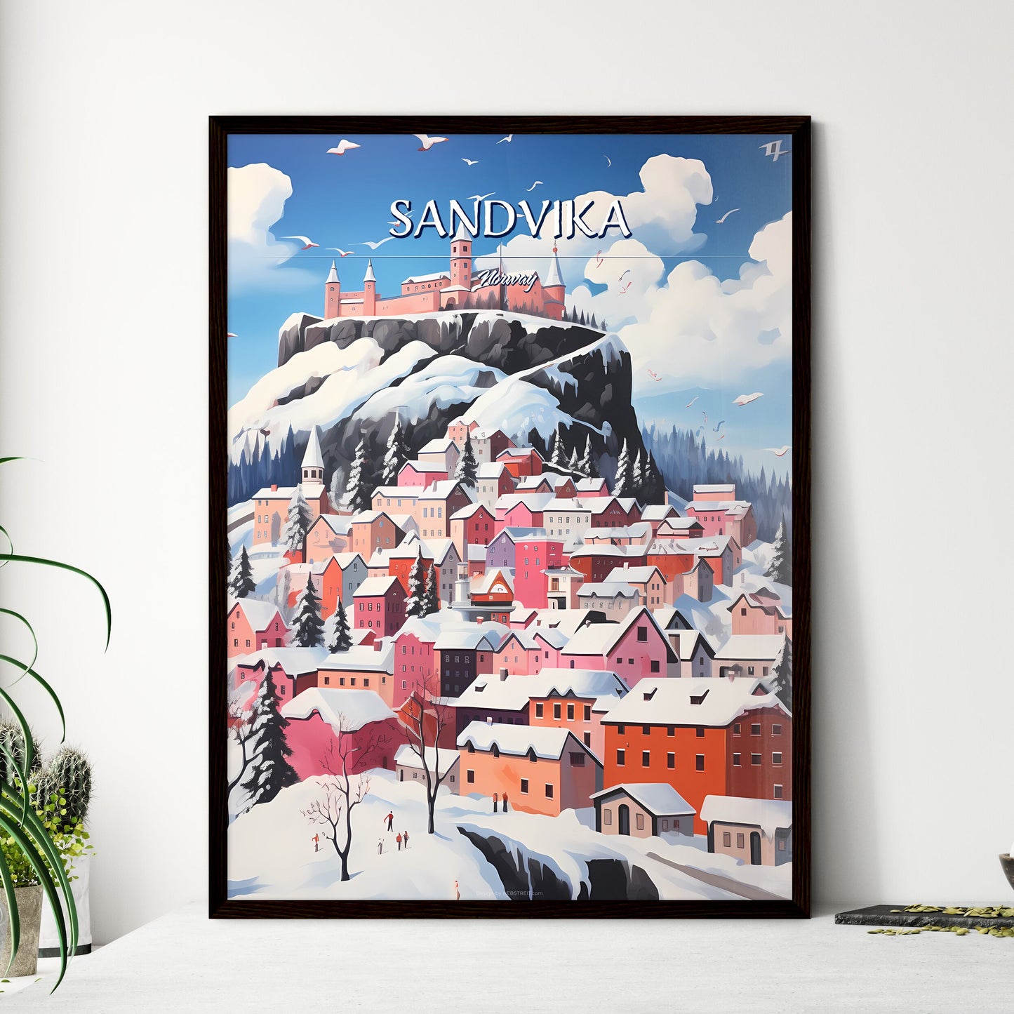 Sandvika, Norway - Art print of a painting of a town on a mountain Framed Art