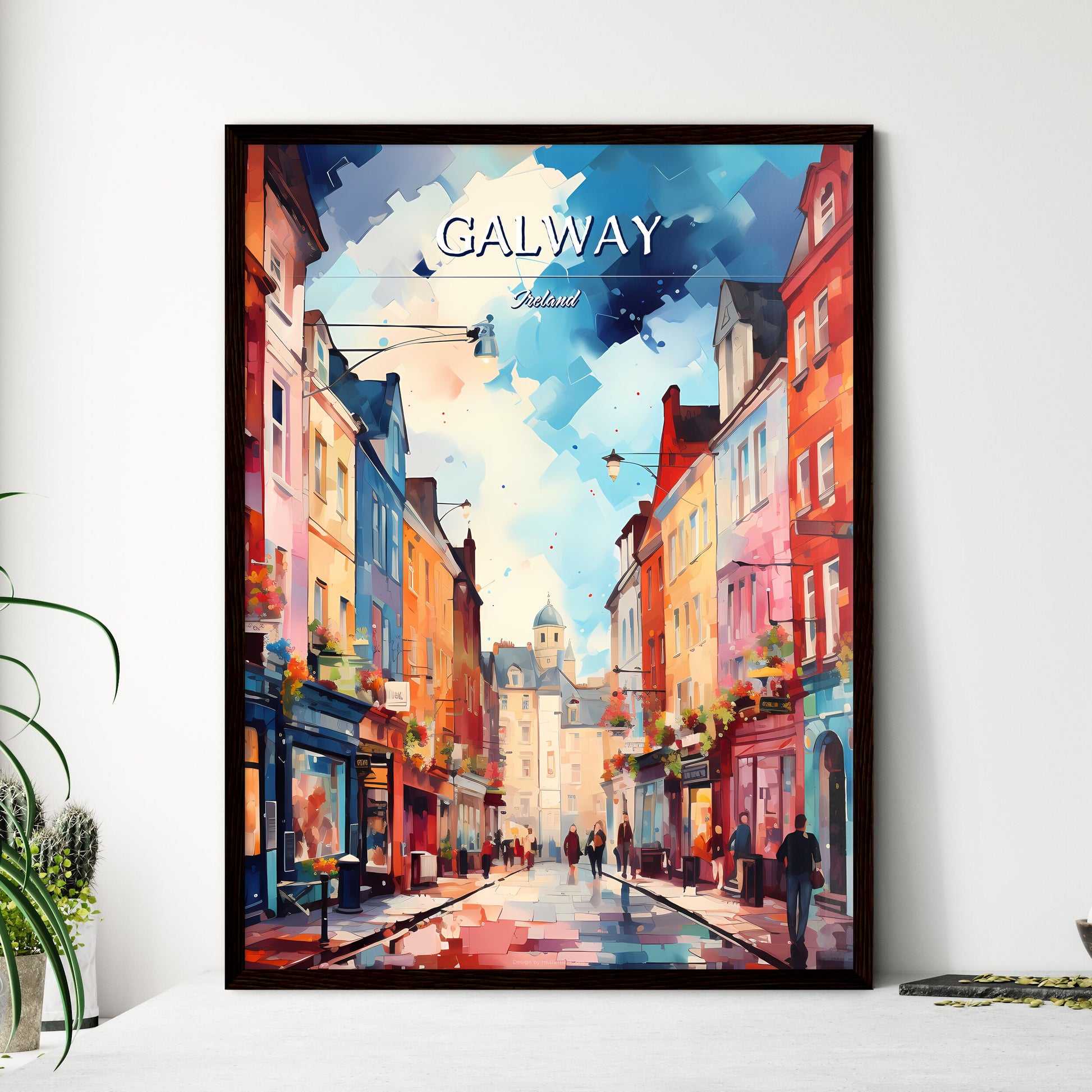 Galway, Ireland - Art print of a street with buildings and people walking Framed Art