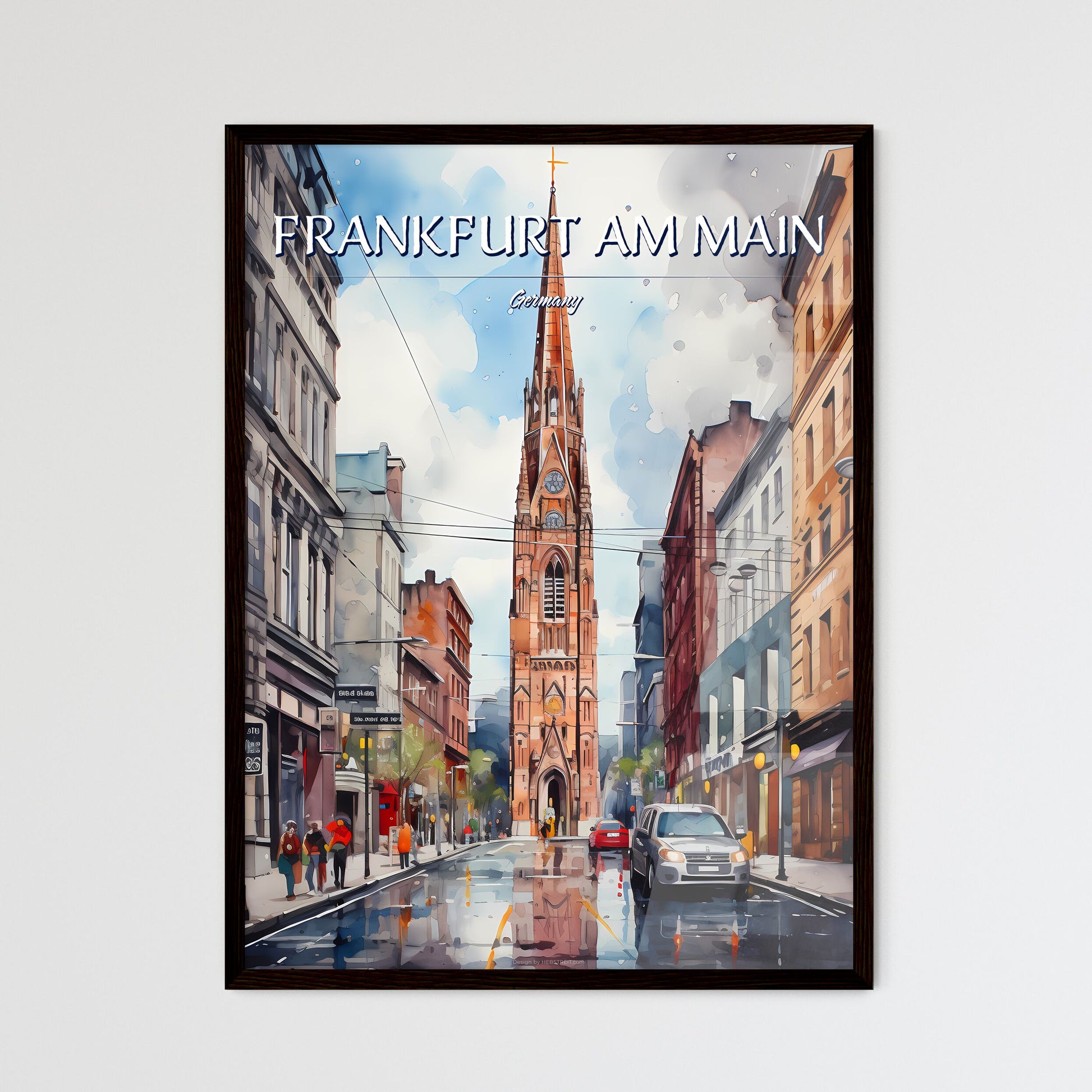 Frankfurt am Main, Germany - Art print of a watercolor of a street with a tall tower and cars Framed Art