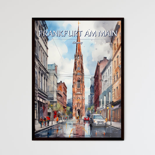 Frankfurt am Main, Germany - Art print of a watercolor of a street with a tall tower and cars Framed Art
