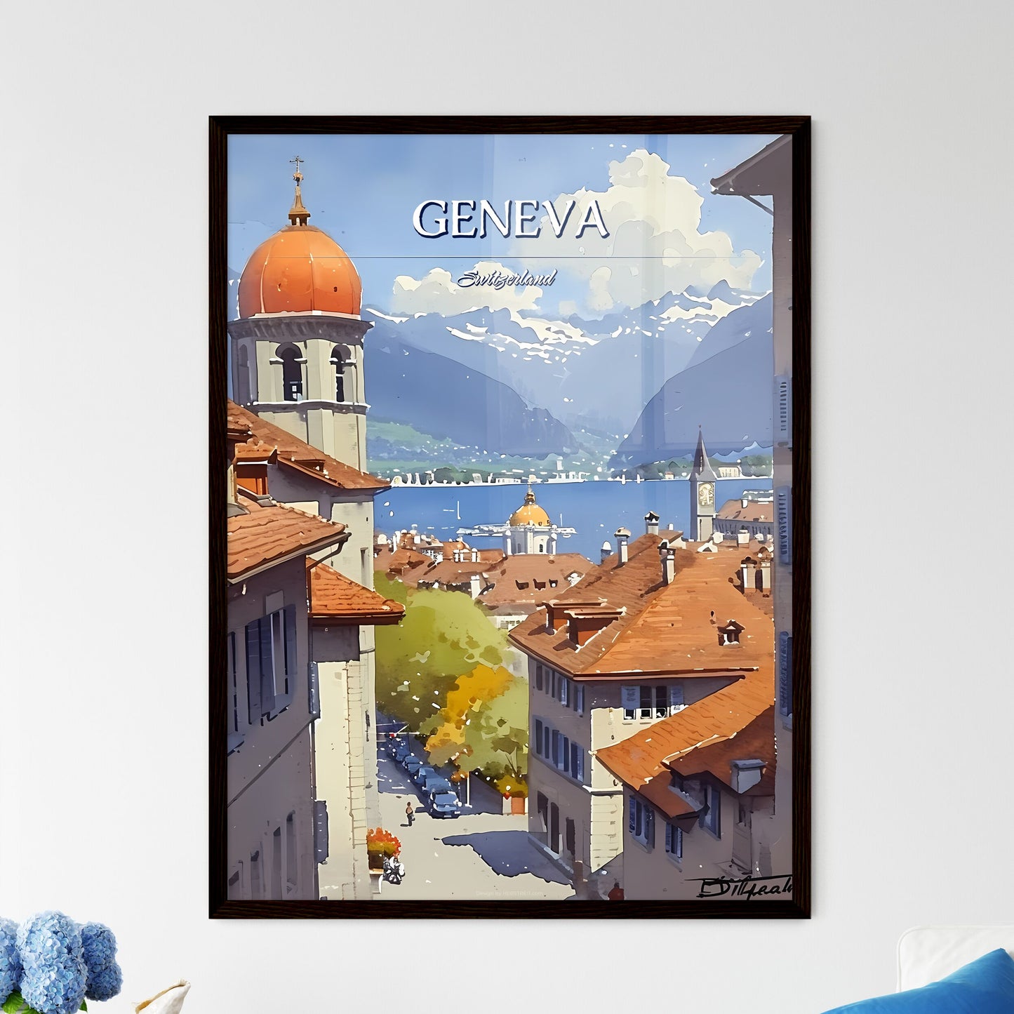 Geneva, Switzerland, - Art print of a view of a town from a window Framed Art