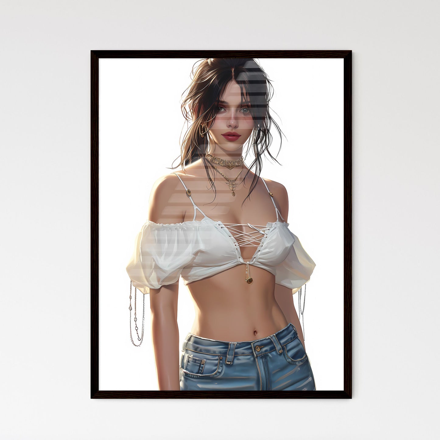 Fashion girl with white top and blue short r - Framed Art Print