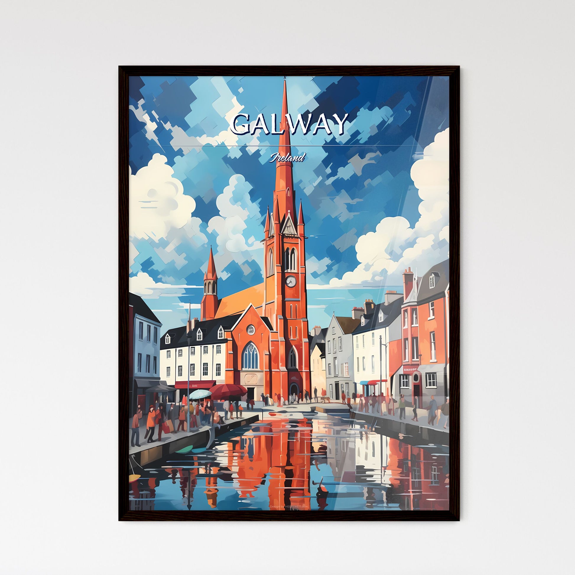 Galway, Ireland - Art print of a church with a tower and people walking around Framed Art