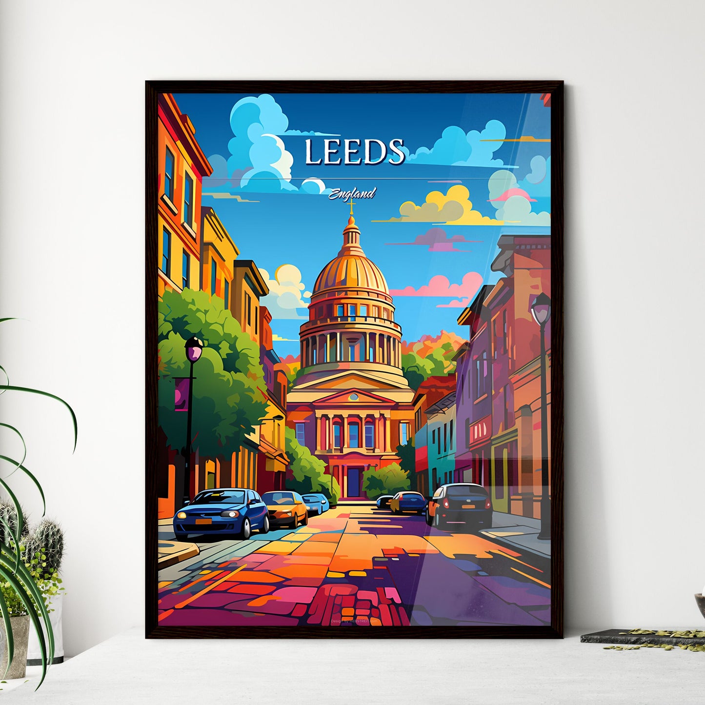Leeds, England - Art print of a street with cars and a building Framed Art