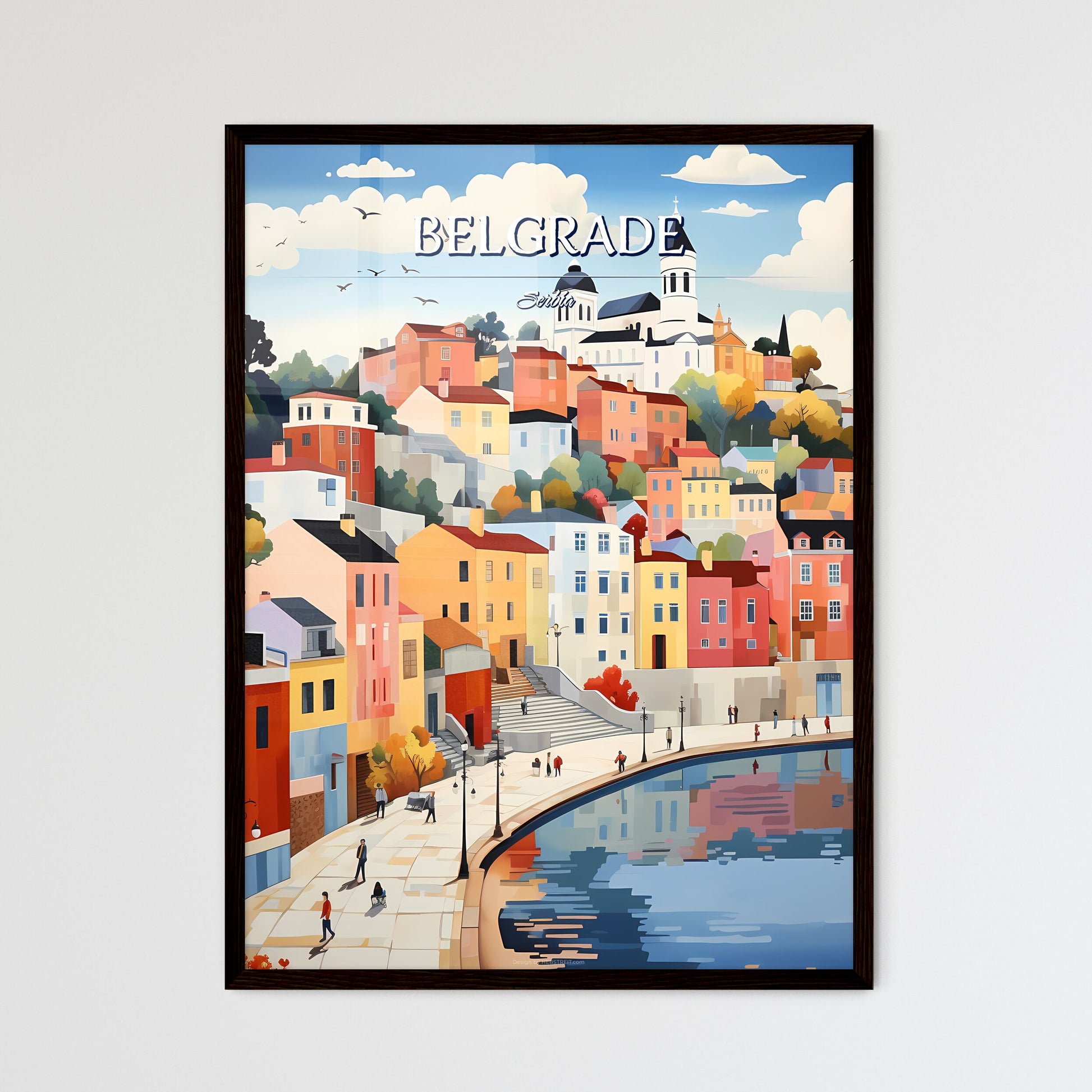 Belgrade, Serbia - Art print of a painting of a town by a body of water Framed Art