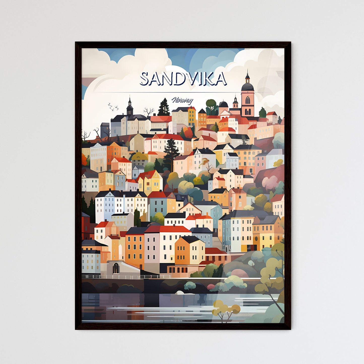 Sandvika, Norway - Art print of a colorful city landscape with trees and buildings Framed Art