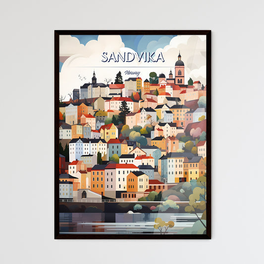 Sandvika, Norway - Art print of a colorful city landscape with trees and buildings Framed Art