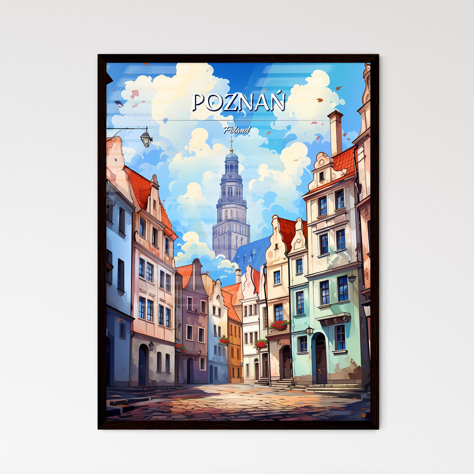 Poznań, Poland - Art print of a street with buildings and a tower Framed Art