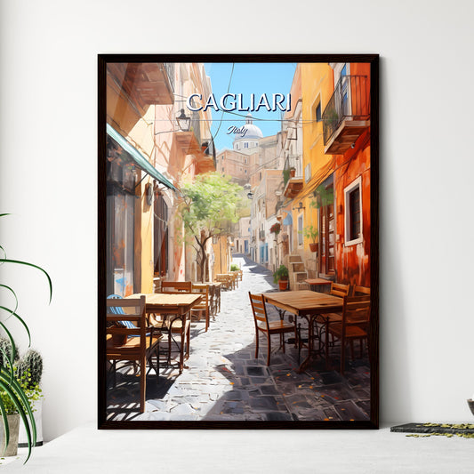 Cagliari, Italy - Art print of a street with tables and chairs Framed Art