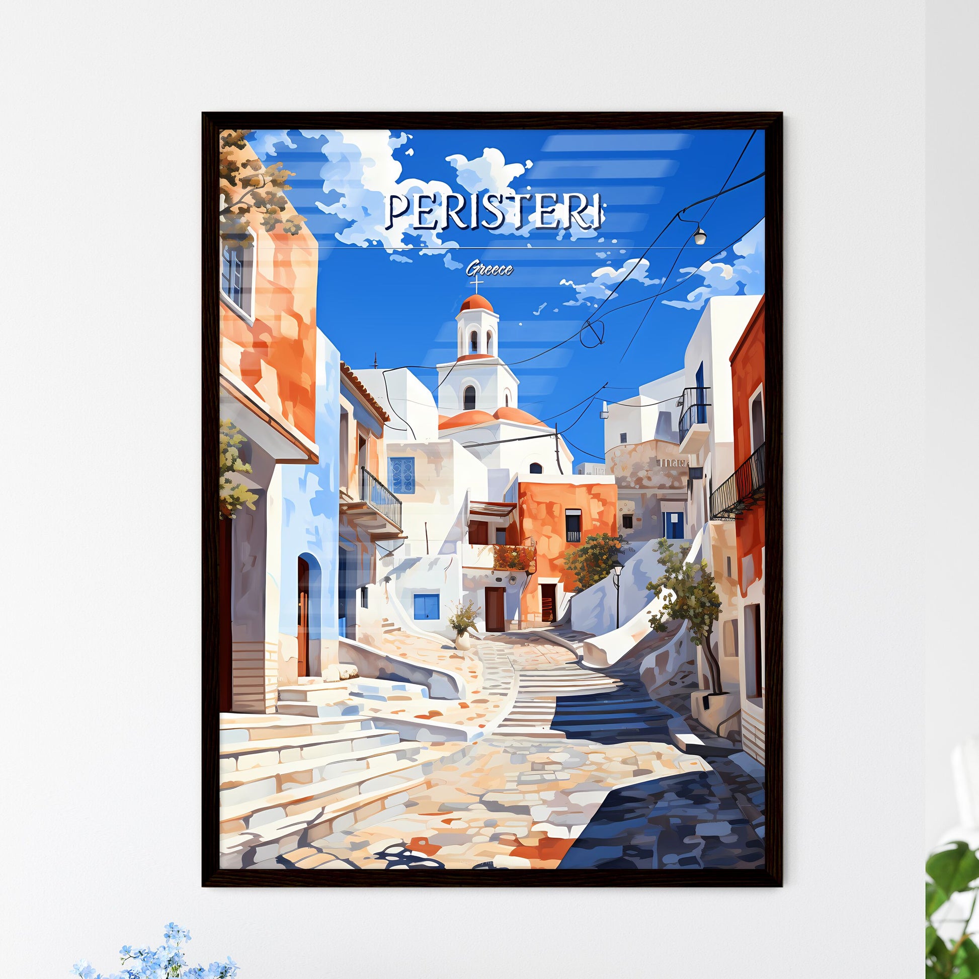 Peristeri, Greece - Art print of a street with stairs leading to a building Framed Art