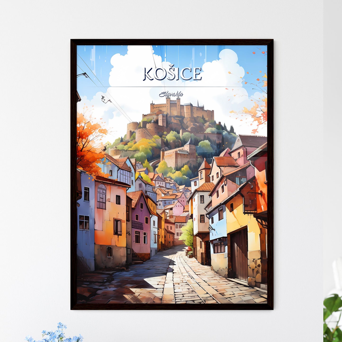 Košice, Slovakia - Art print of a street with buildings and a castle on top of it Framed Art