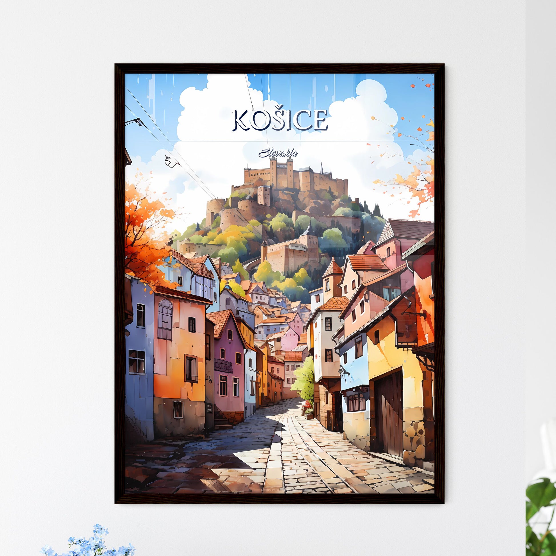 Košice, Slovakia - Art print of a street with buildings and a castle on top of it Framed Art