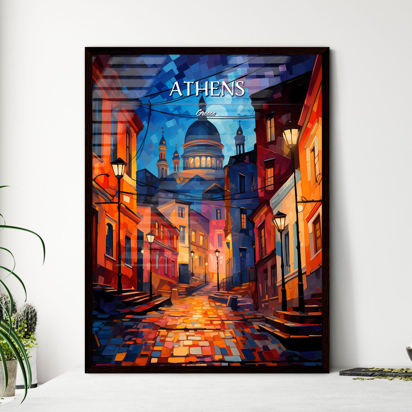 Athens, Greece - Art print of a street with buildings and a dome Framed Art