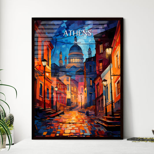 Athens, Greece - Art print of a street with buildings and a dome Framed Art