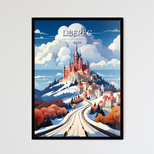 Liberec, Czechia - Art print of a castle on a hill with snow and trees Framed Art