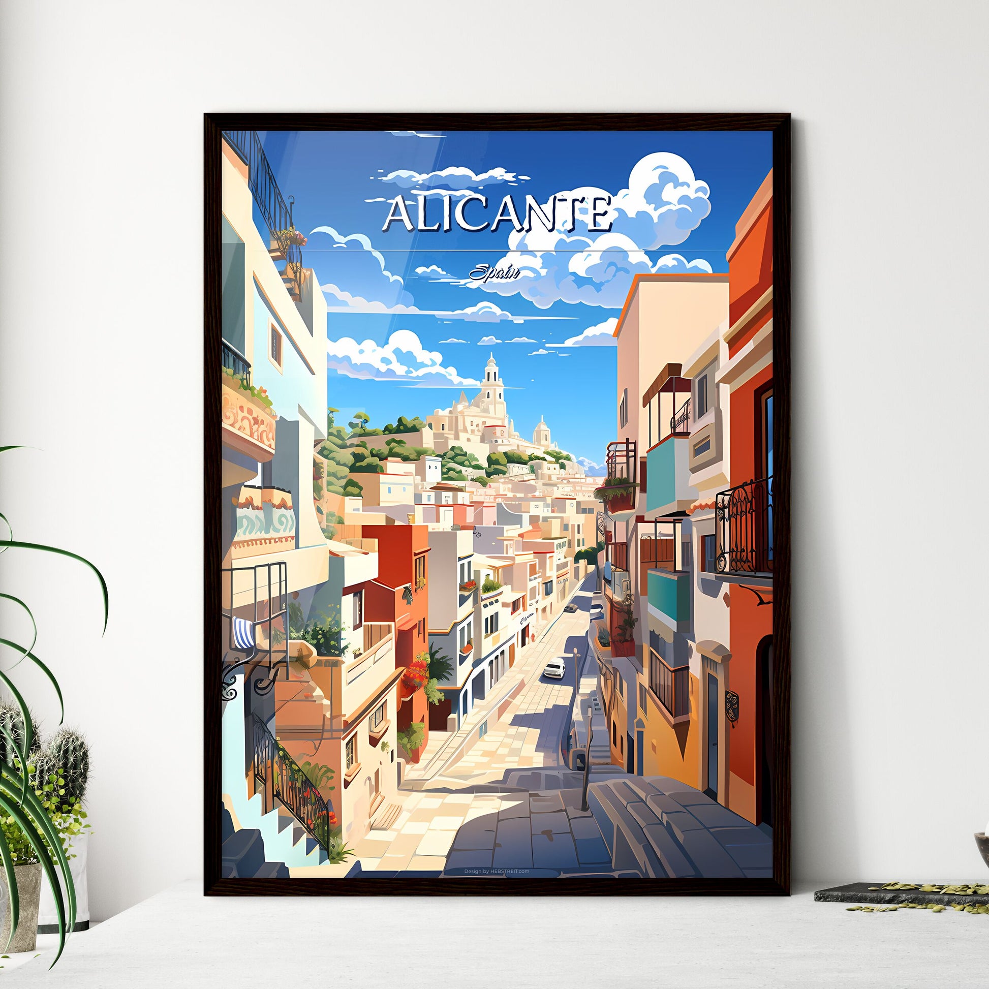 Alicante, Spain - Art print of a street with buildings and a church on the hill Framed Art