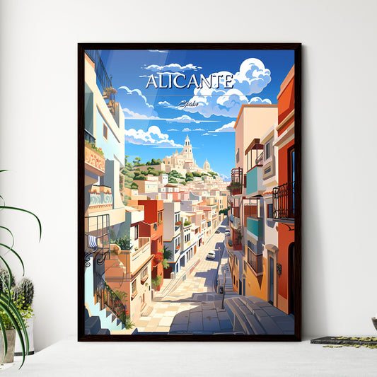 Alicante, Spain - Art print of a street with buildings and a church on the hill Framed Art