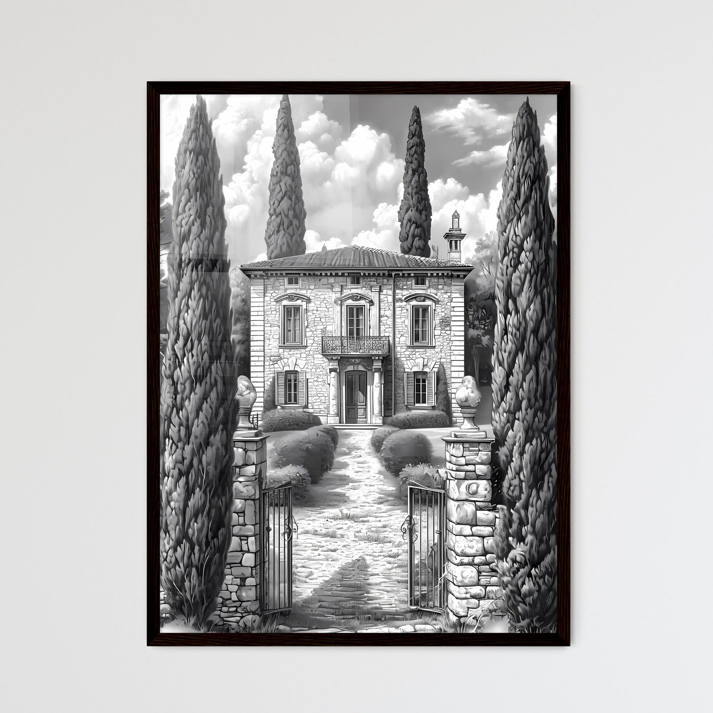 A French Chateau winery - Art print of a drawing of a house with trees and a gate Default Title