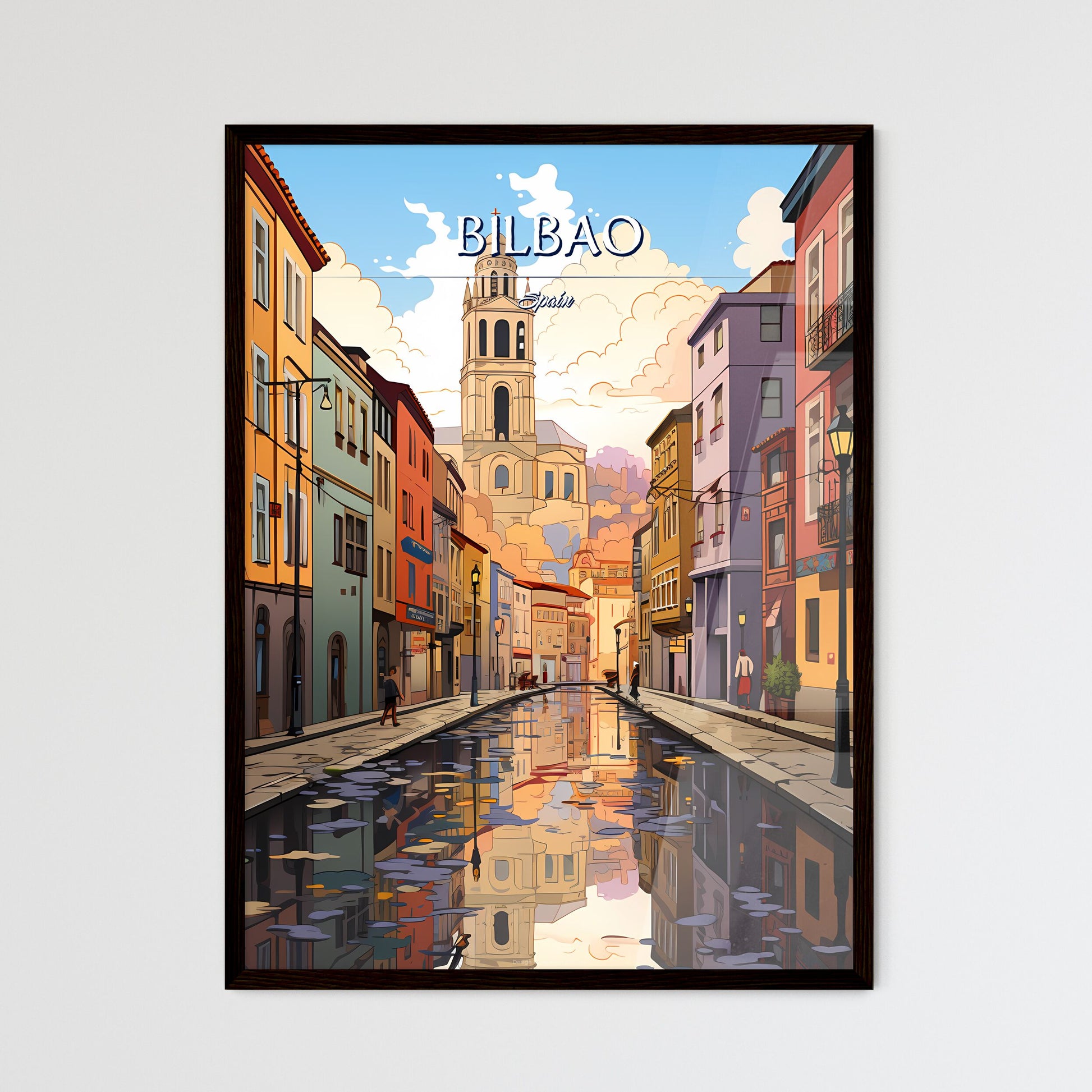 Bilbao, Spain - Art print of a water canal with buildings and a tower in the background Framed Art