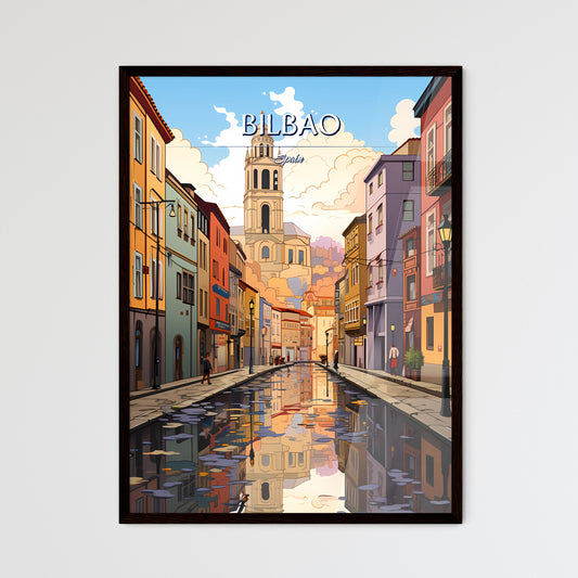 Bilbao, Spain - Art print of a water canal with buildings and a tower in the background Framed Art