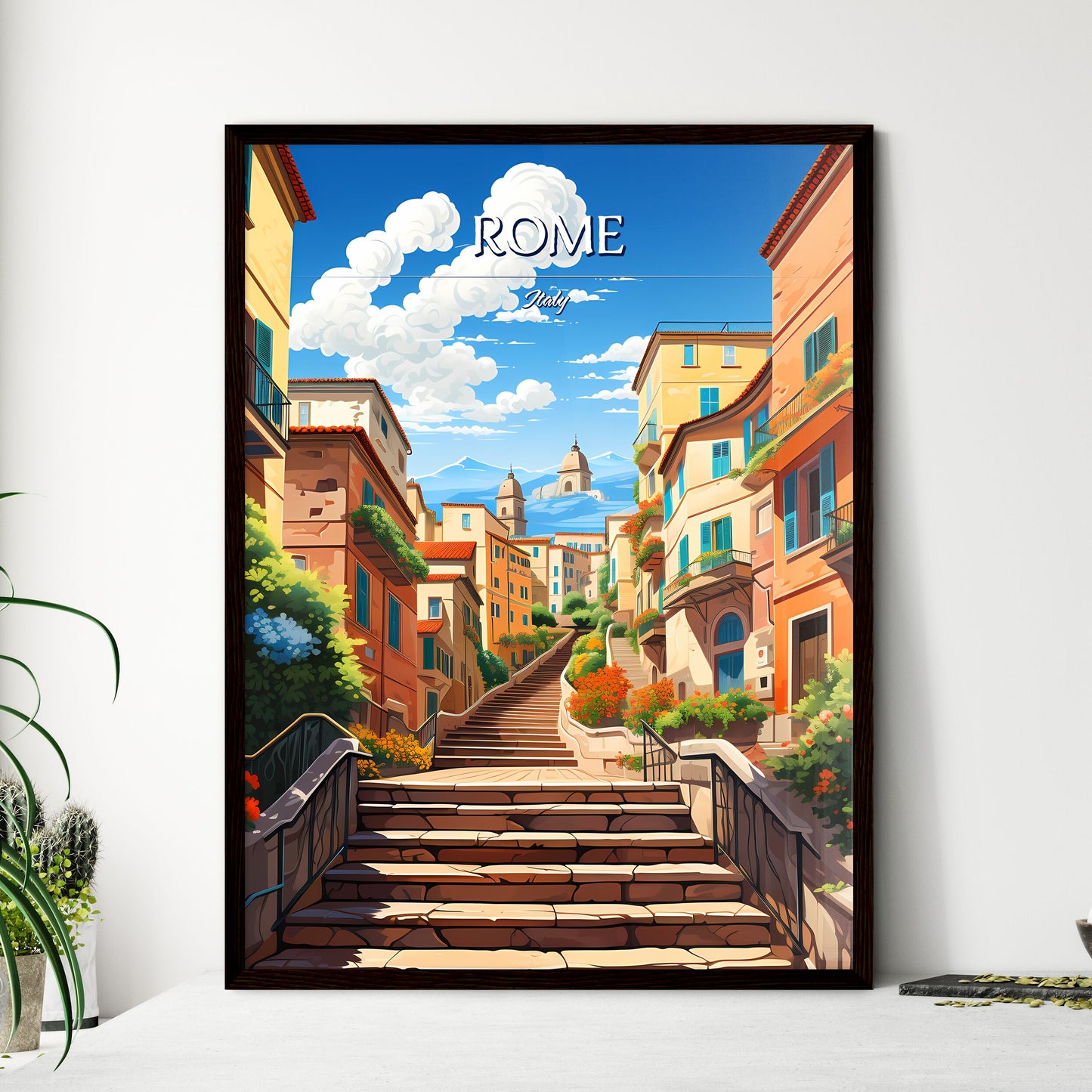 Rome, Italy - Art print of a stone stairs leading up to a city Framed Art