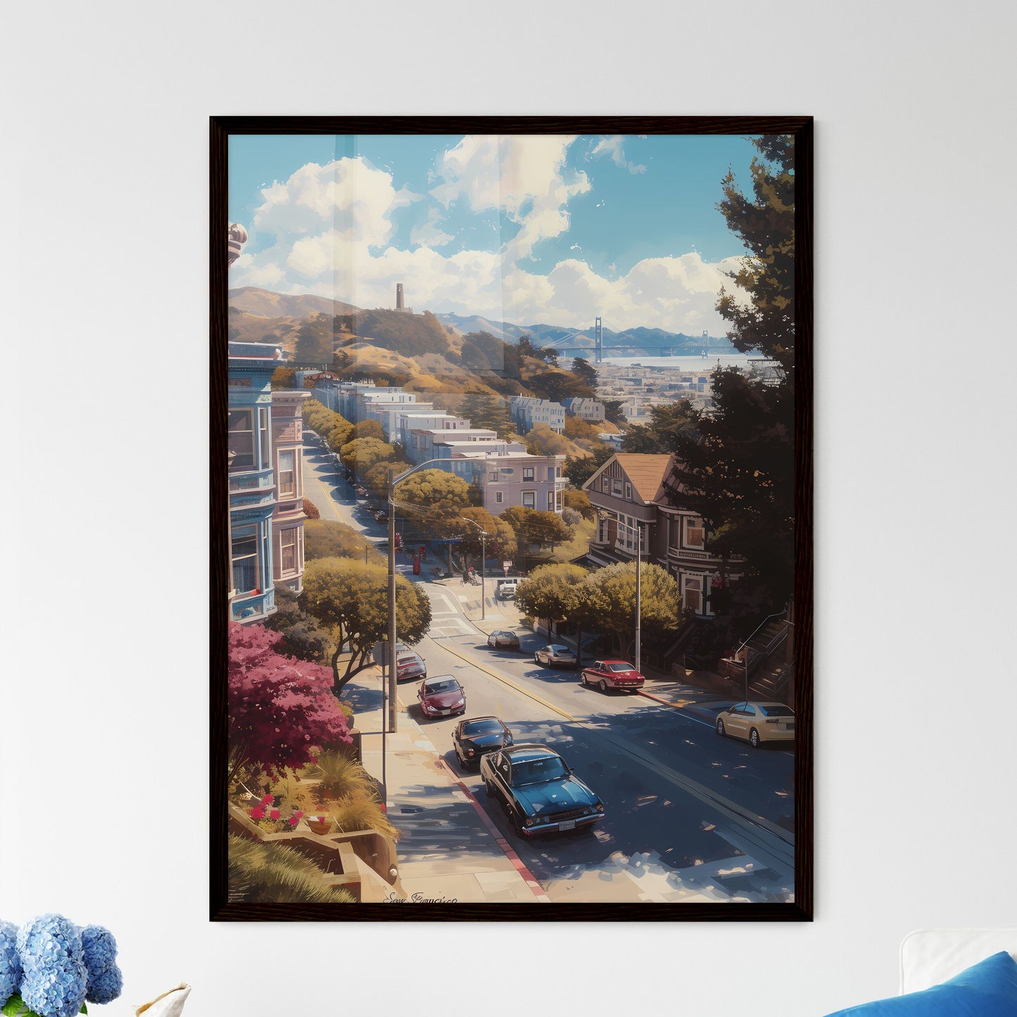 Poster of San Francisco - Art print of a street with cars and buildings in the background Framed Art