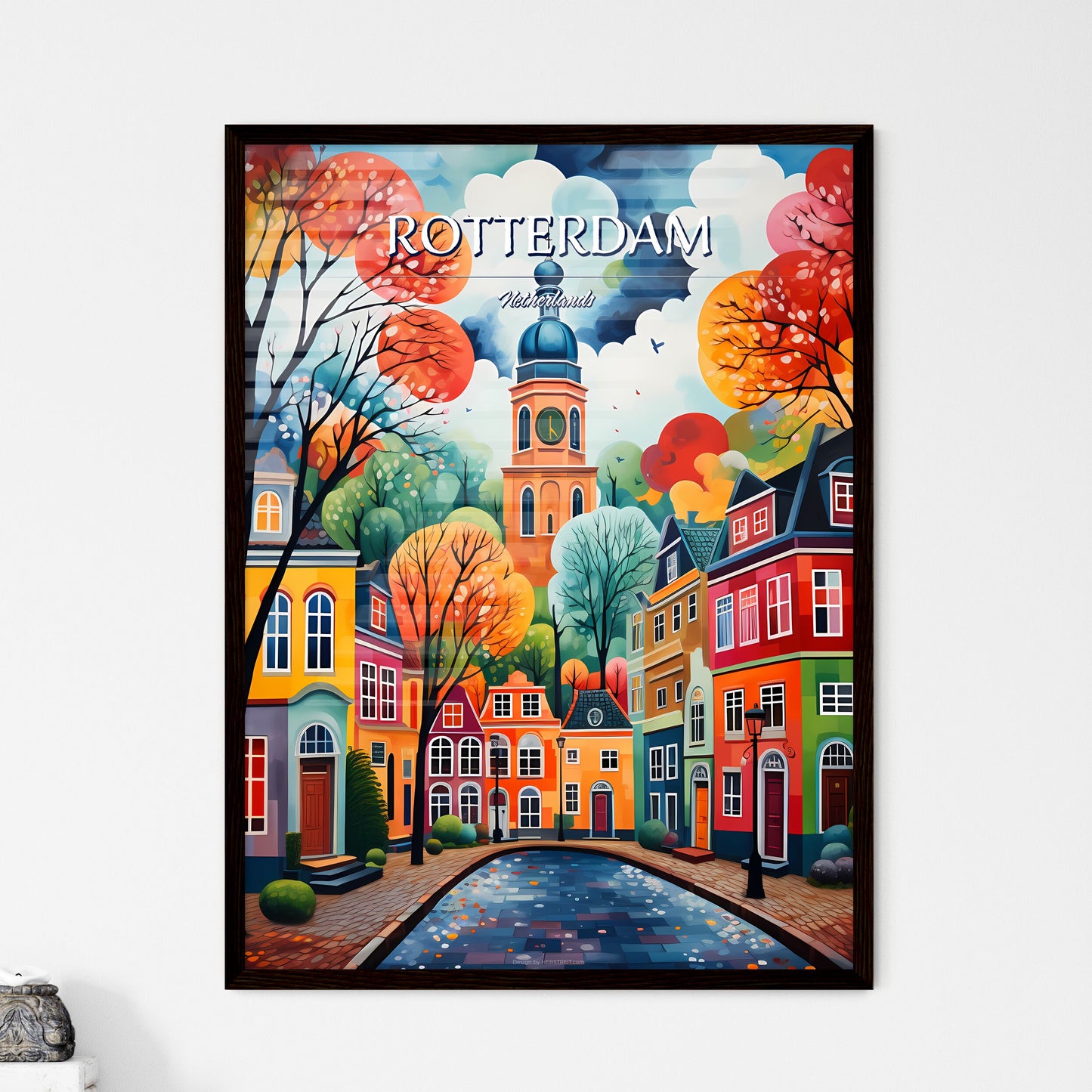 Rotterdam, Netherlands - Art print of a painting of a colorful city Framed Art