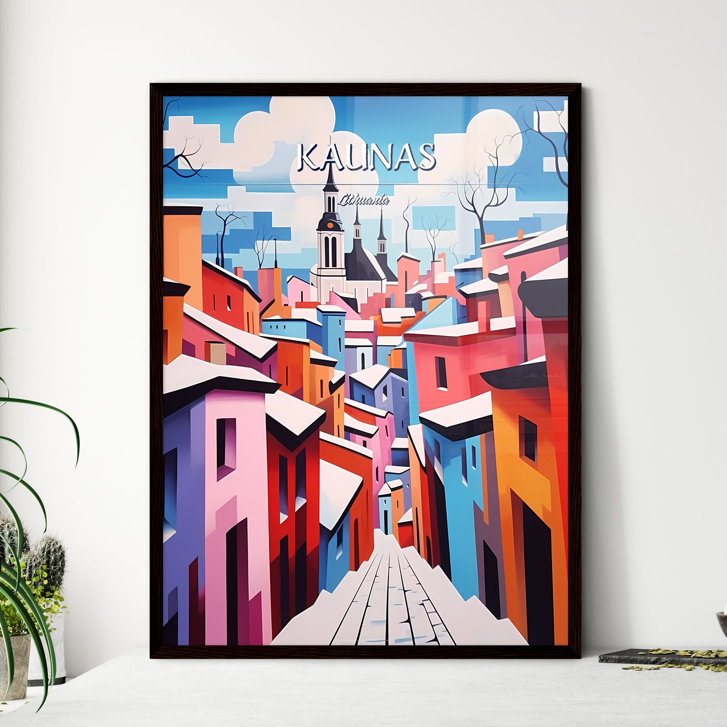 Kaunas, Lithuania - Art print of a painting of a colorful city Framed Art