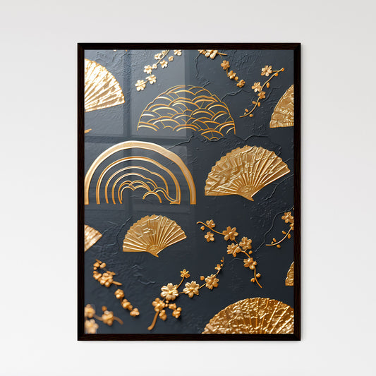 Pattern design, pattern road, Chinese style, ancient style - Art print of a gold fan and flowers on a black surface Default Title