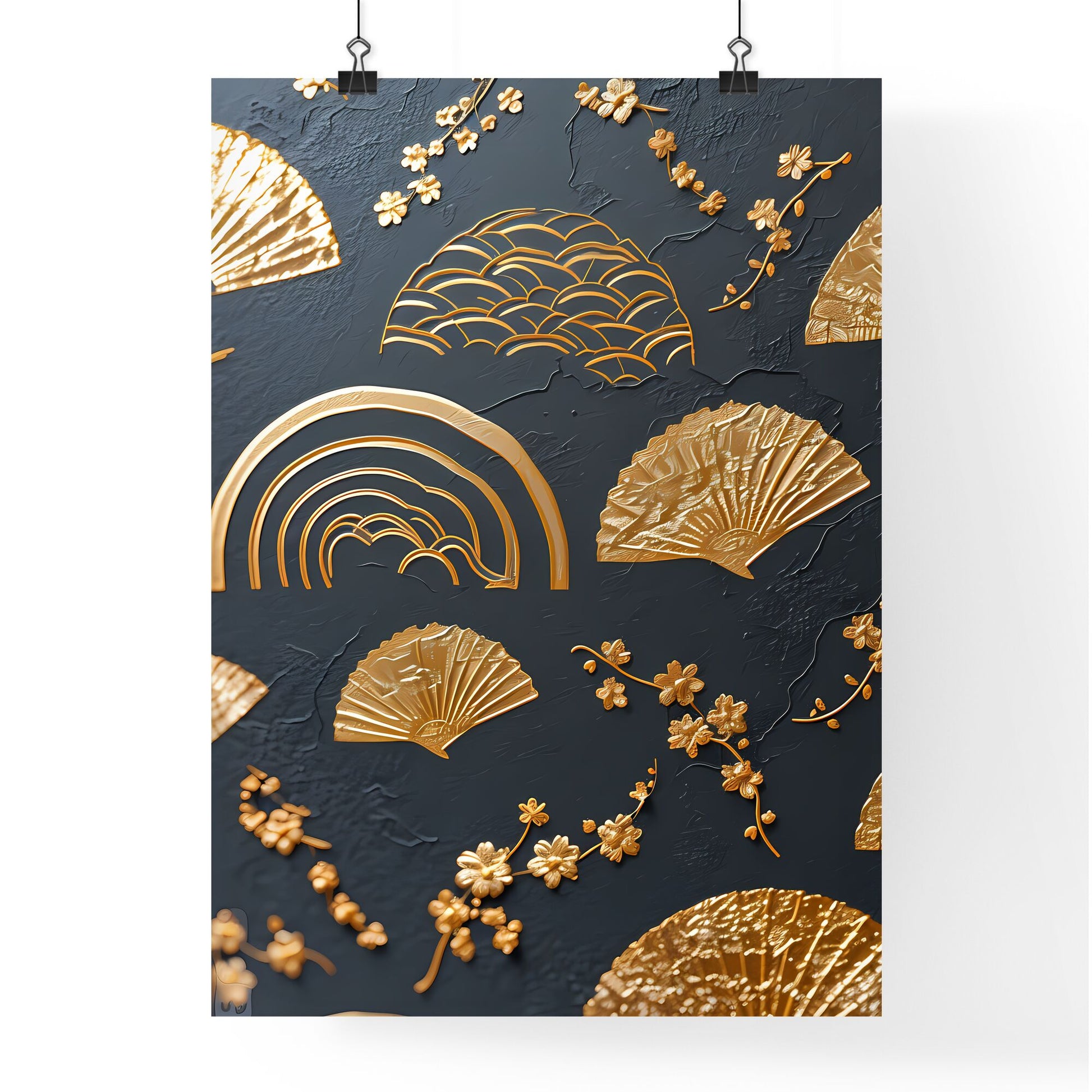 Pattern design, pattern road, Chinese style, ancient style - Art print of a gold fan and flowers on a black surface Default Title