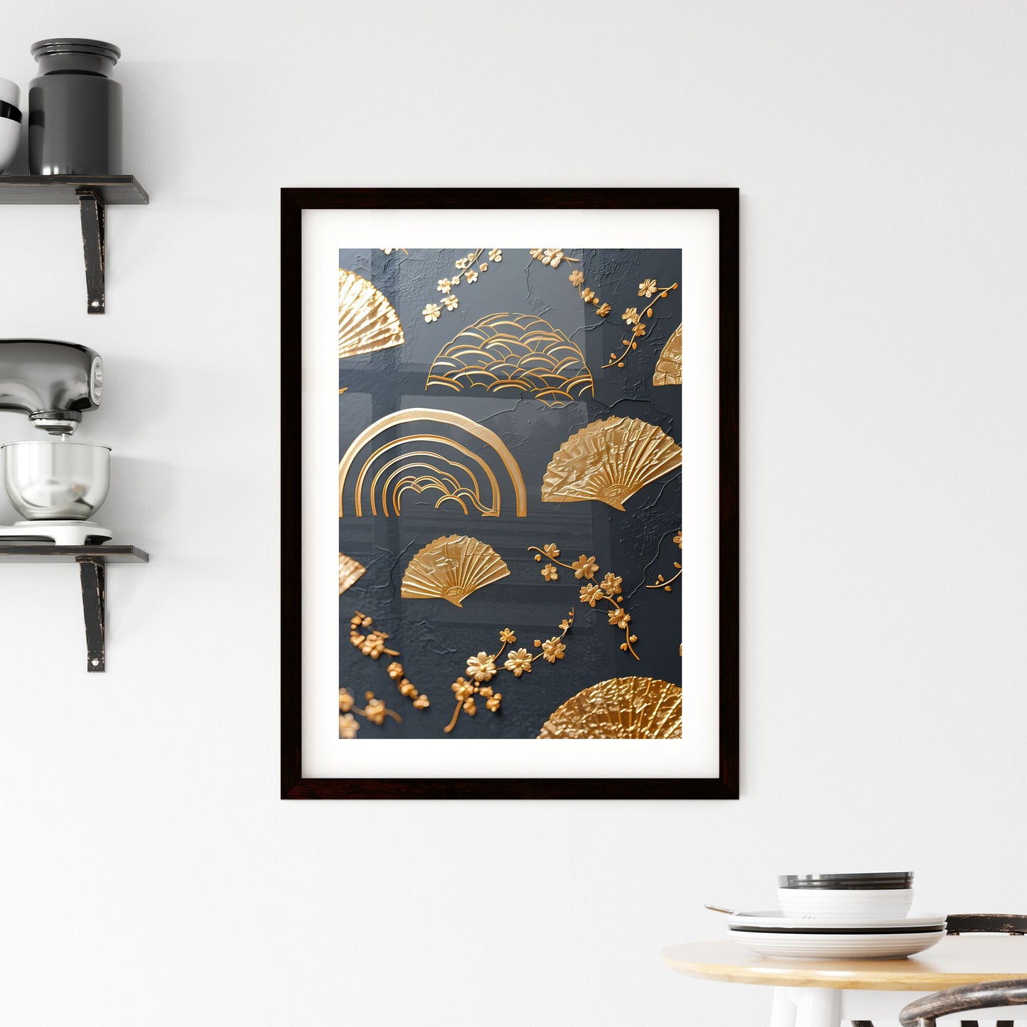 Pattern design, pattern road, Chinese style, ancient style - Art print of a gold fan and flowers on a black surface Default Title