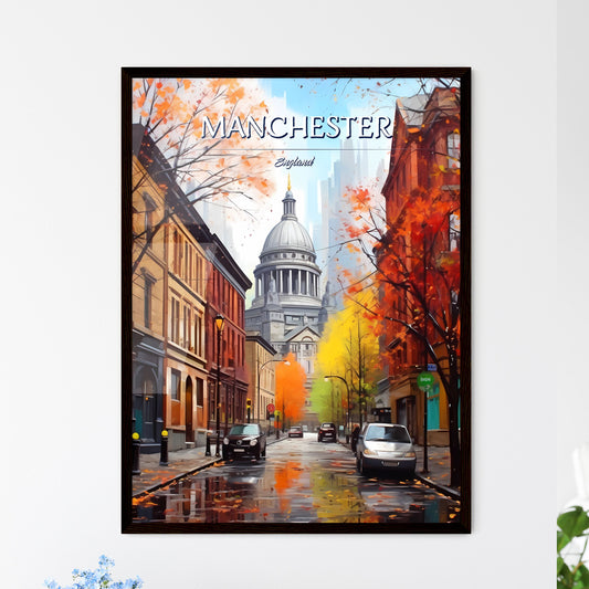 Manchester, England - Art print of a street with cars and trees in front of a building Framed Art