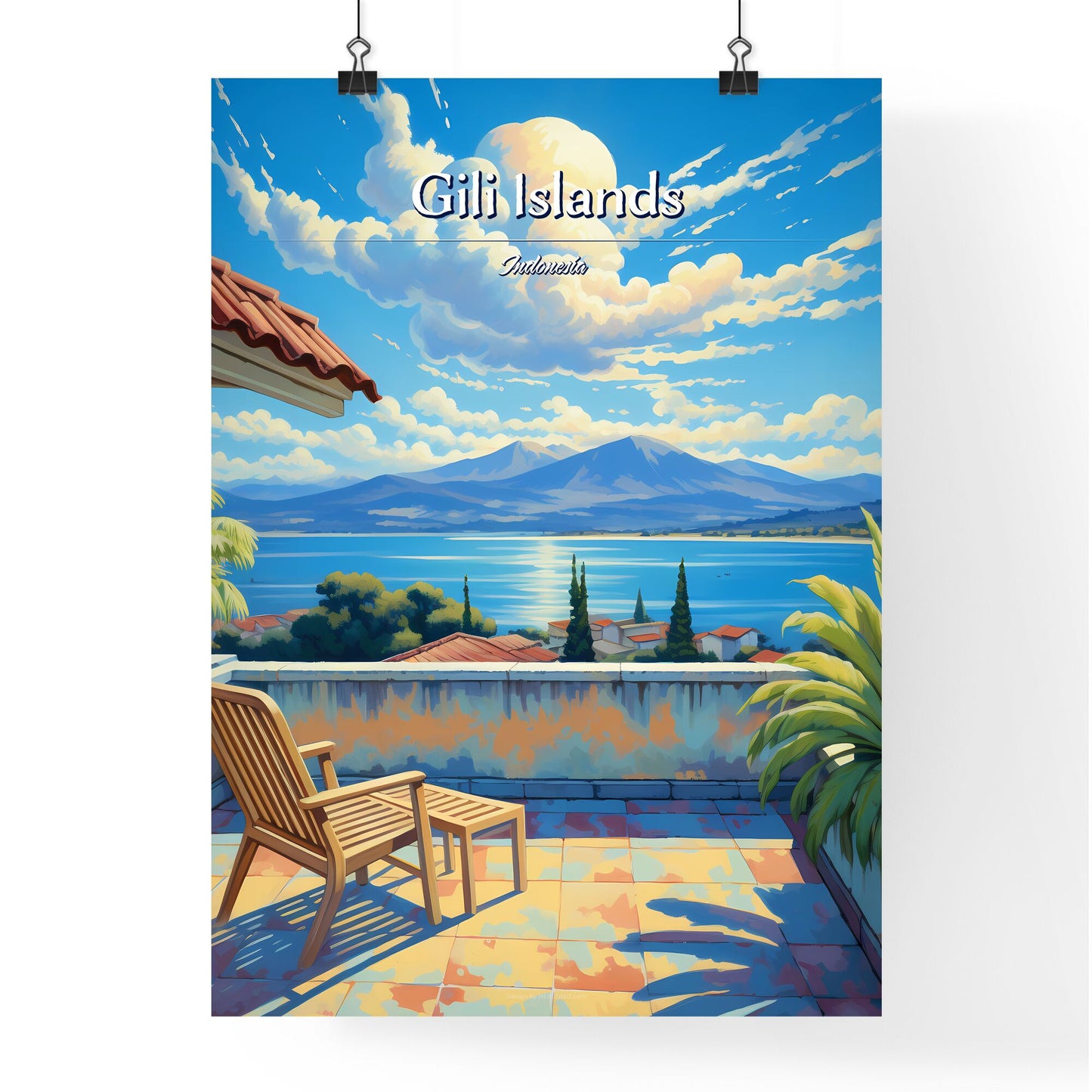 On the roofs of Gili Islands, Indonesia - Art print of a deck with chairs and a view of a lake and mountains Default Title