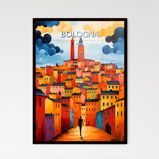 Bologna, Italy - Art print of a man walking on a road in a city Framed Art